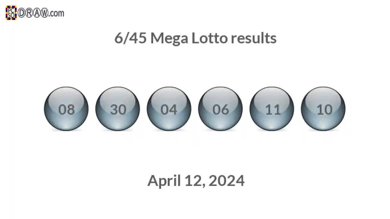 Mega Lotto 6/45 balls representing results on April 12, 2024