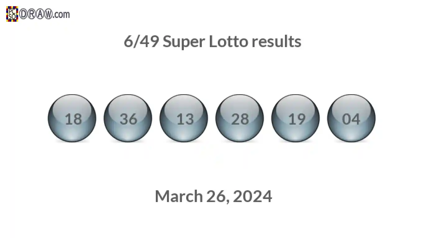 Super Lotto 6/49 balls representing results on March 26, 2024