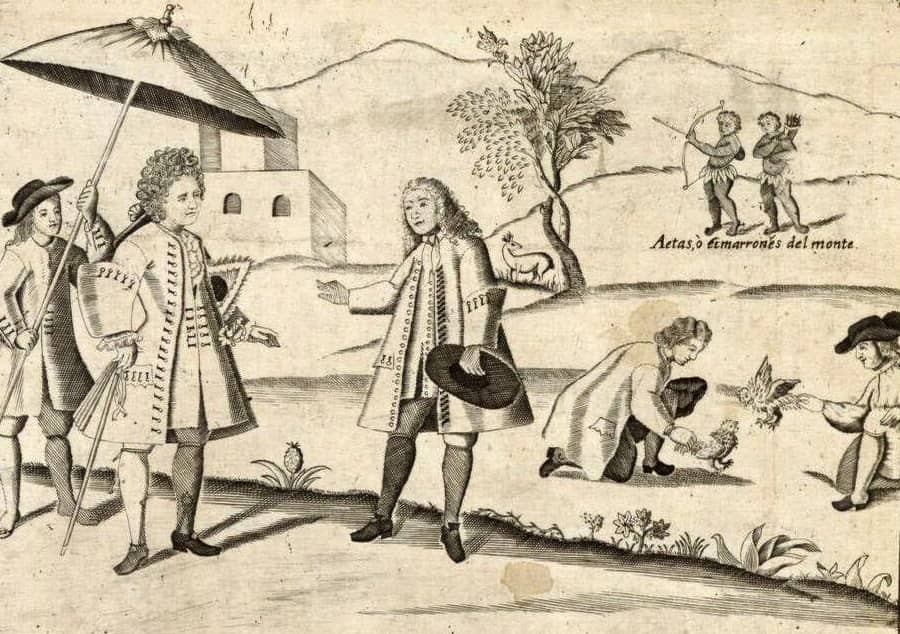 filipino citizens gambling over cockfight - old illustration