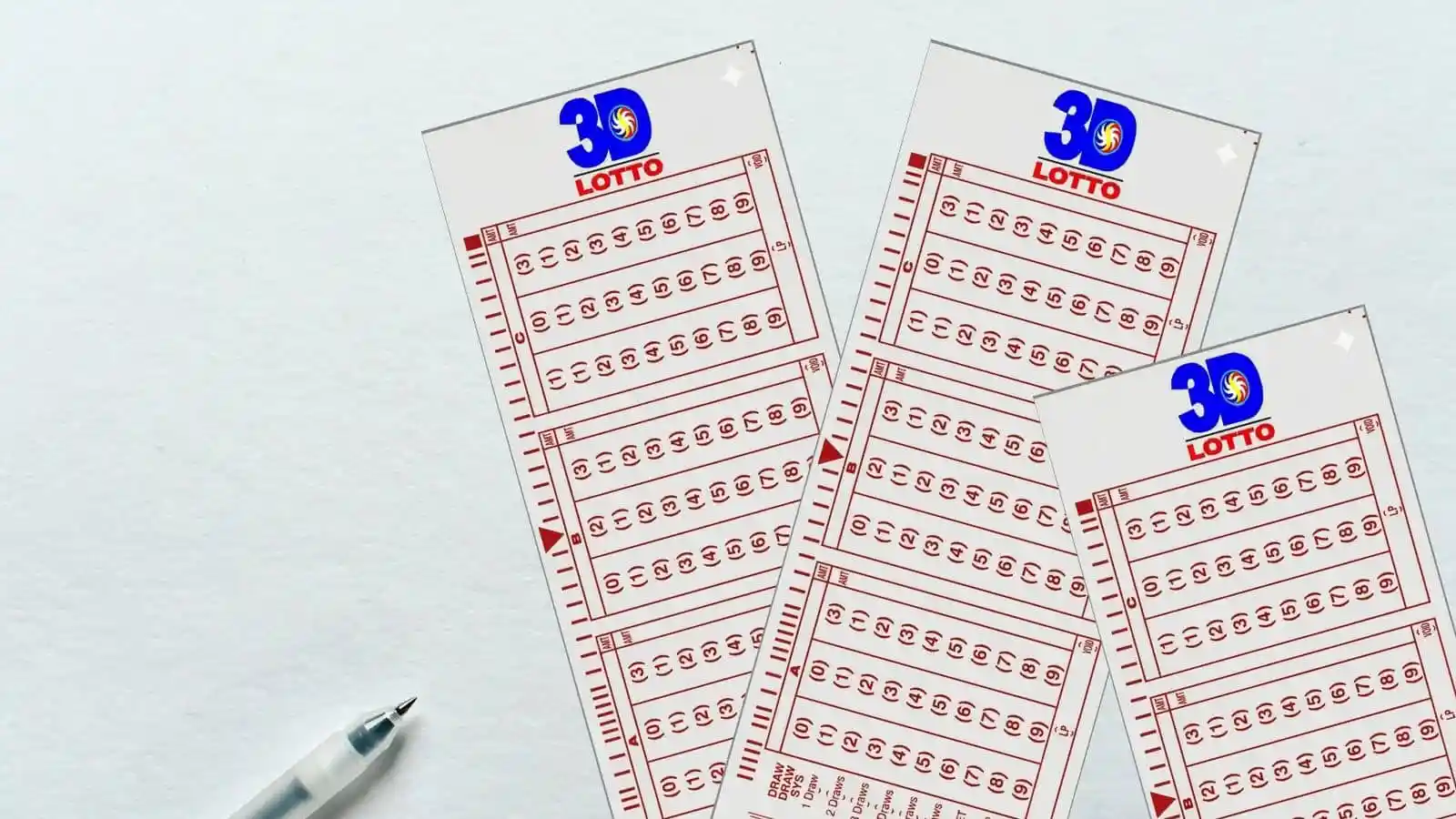 part of the pen and 3D lotto tickets on white desk