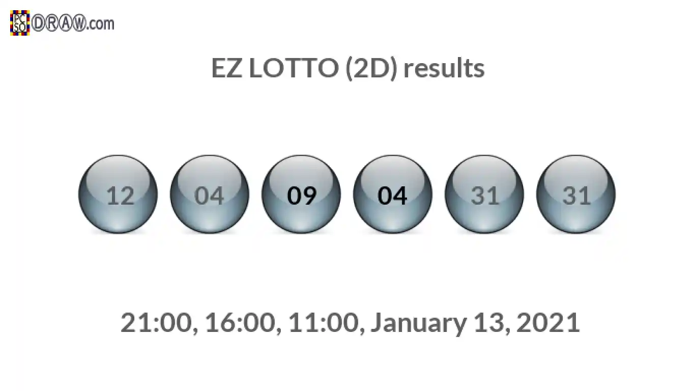 Rendered lottery balls representing EZ LOTTO (2D) results on January 13, 2021