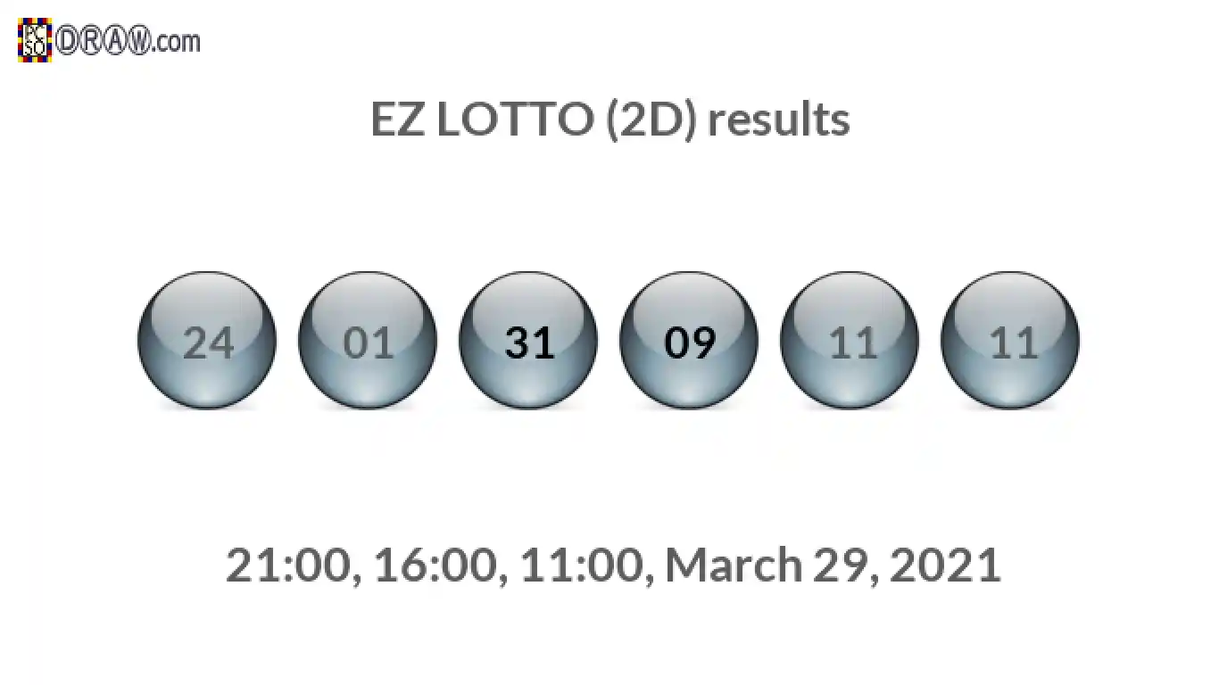 Rendered lottery balls representing EZ LOTTO (2D) results on March 29, 2021