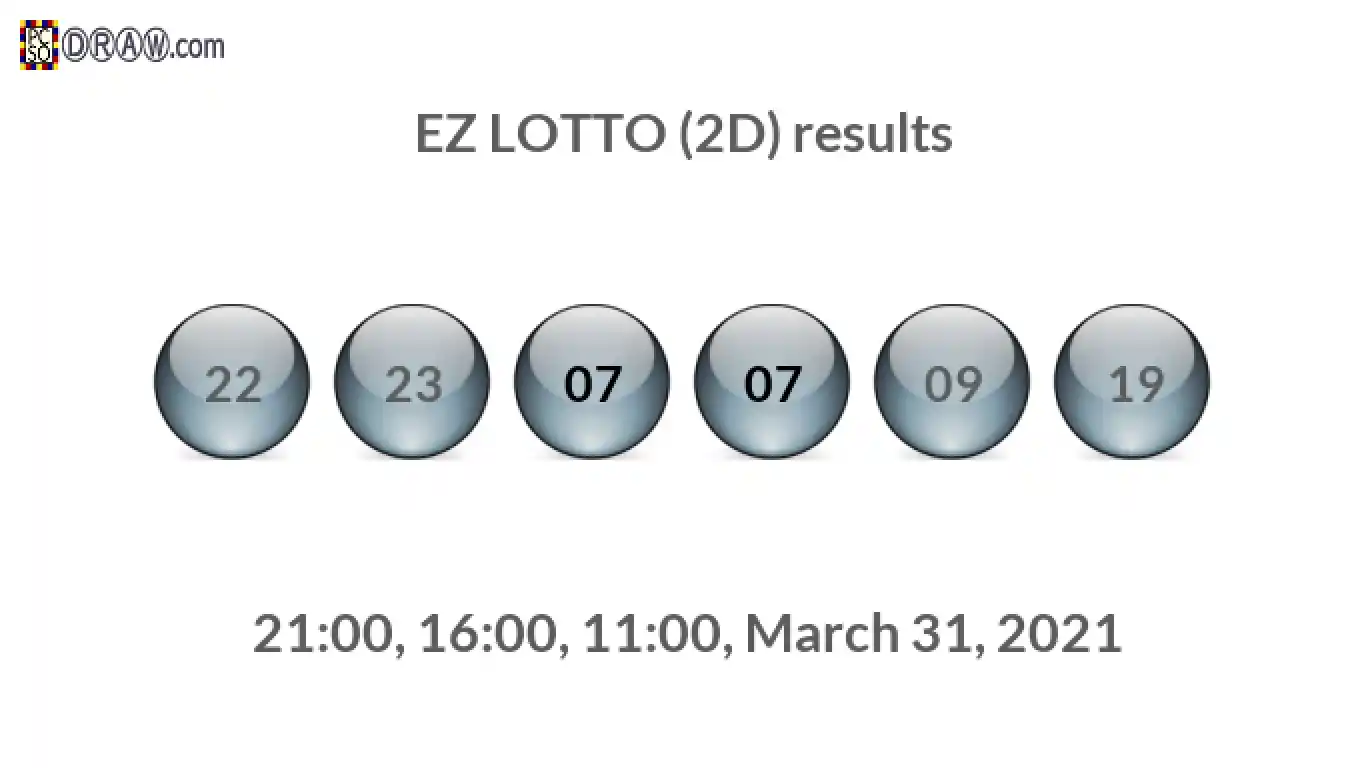 Rendered lottery balls representing EZ LOTTO (2D) results on March 31, 2021