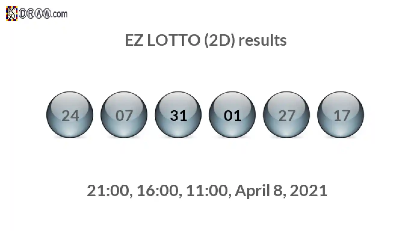 Rendered lottery balls representing EZ LOTTO (2D) results on April 8, 2021