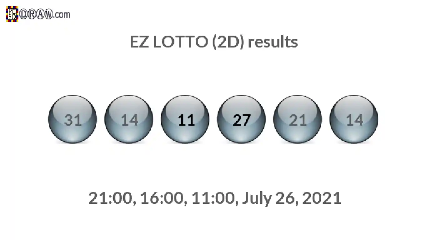 Rendered lottery balls representing EZ LOTTO (2D) results on July 26, 2021