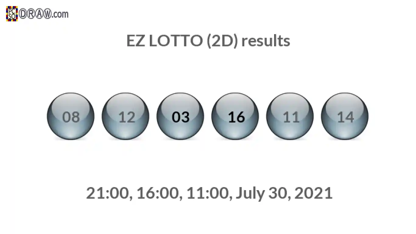 Rendered lottery balls representing EZ LOTTO (2D) results on July 30, 2021