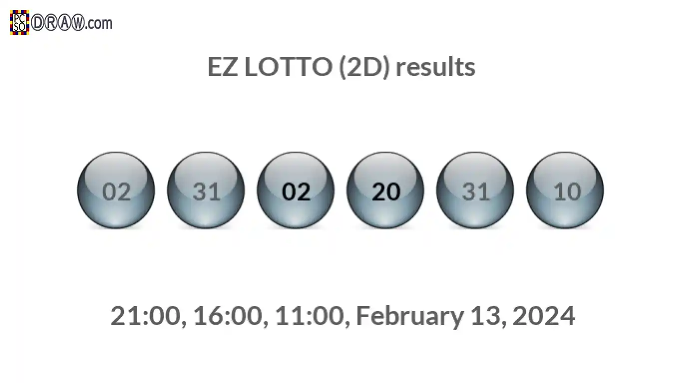 Rendered lottery balls representing EZ LOTTO (2D) results on February 13, 2024
