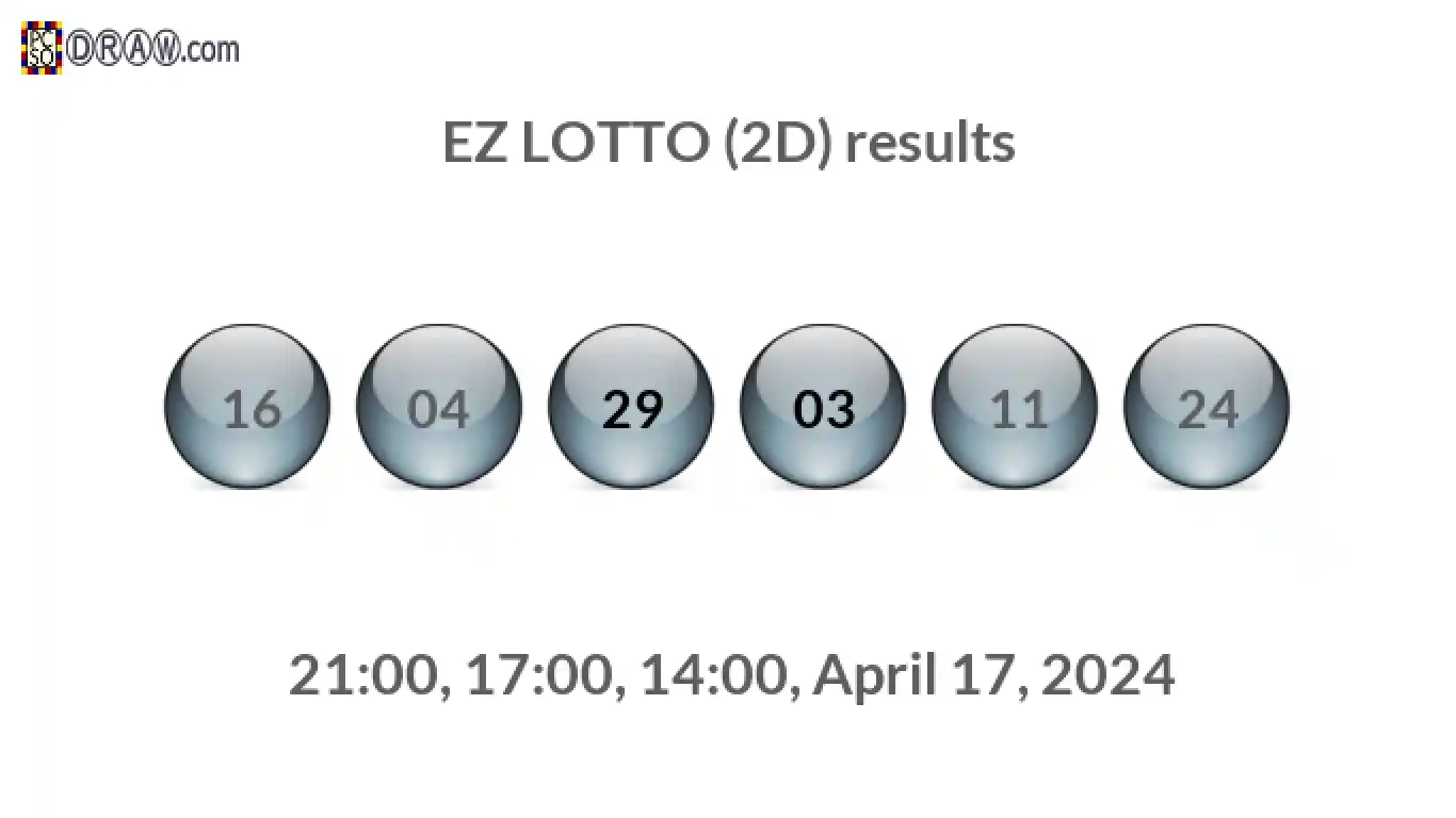 Rendered lottery balls representing EZ LOTTO (2D) results on April 17, 2024