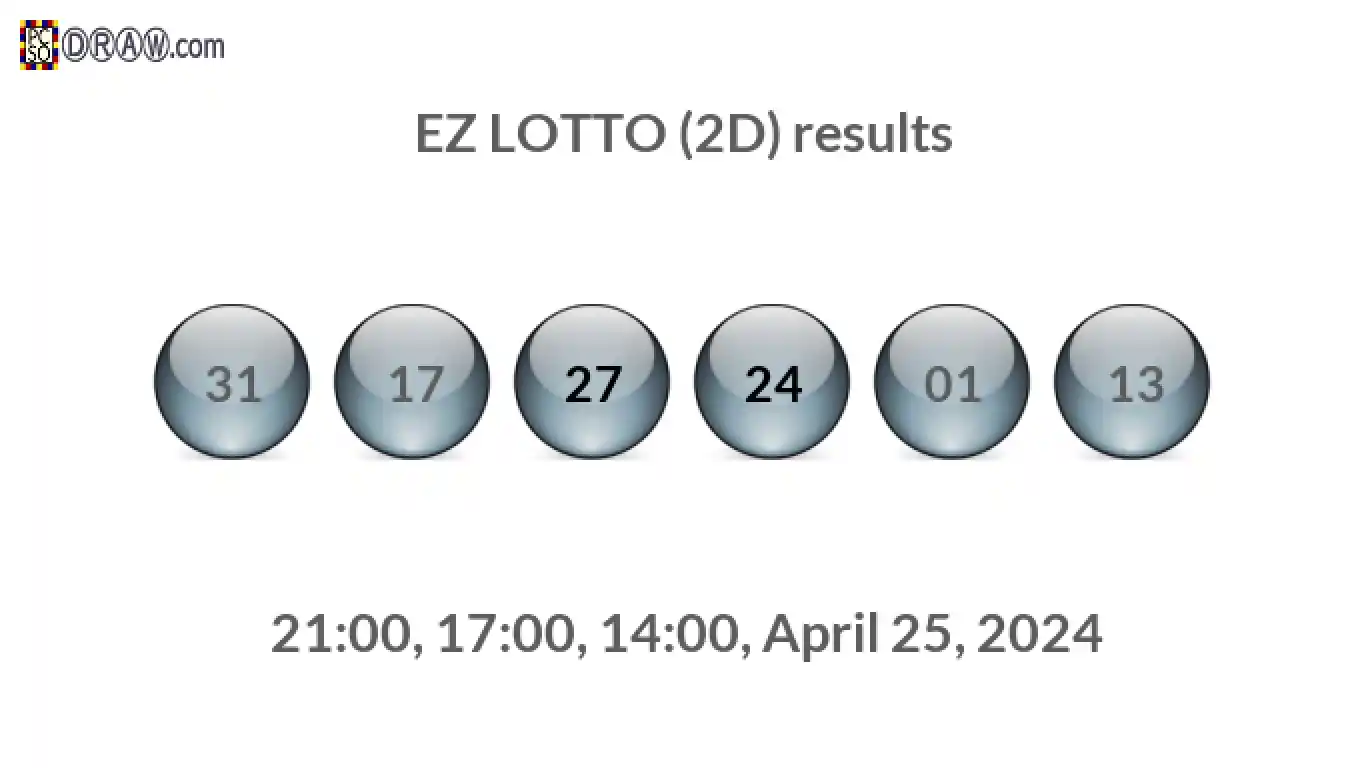 Rendered lottery balls representing EZ LOTTO (2D) results on April 25, 2024