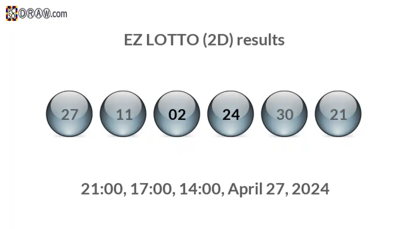 Rendered lottery balls representing EZ LOTTO (2D) results on April 27, 2024