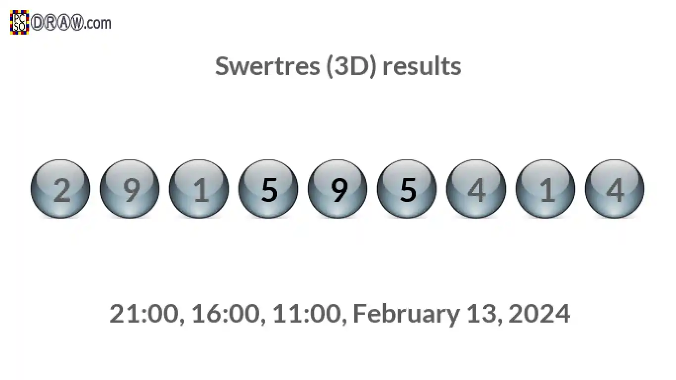 Rendered lottery balls representing Swertres (3D) results on February 13, 2024