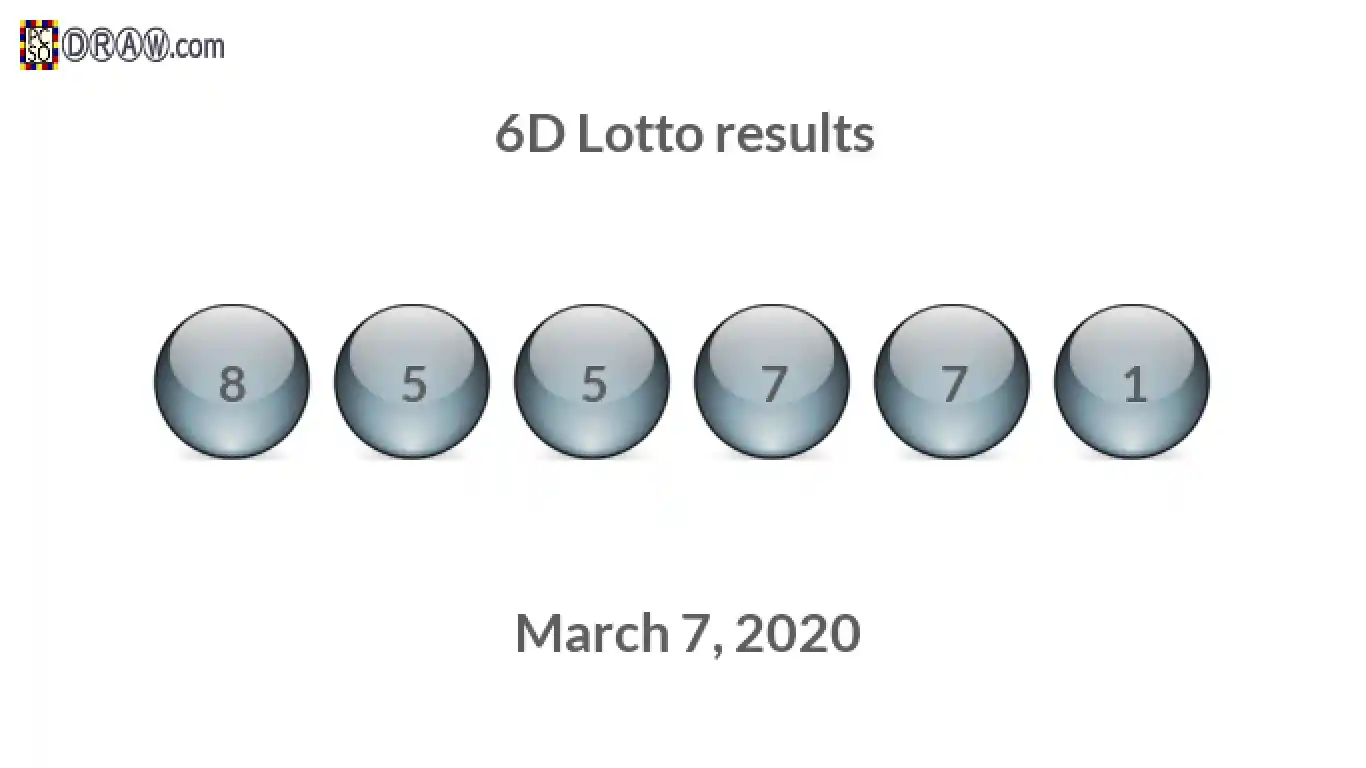 6D lottery balls representing results on March 7, 2020