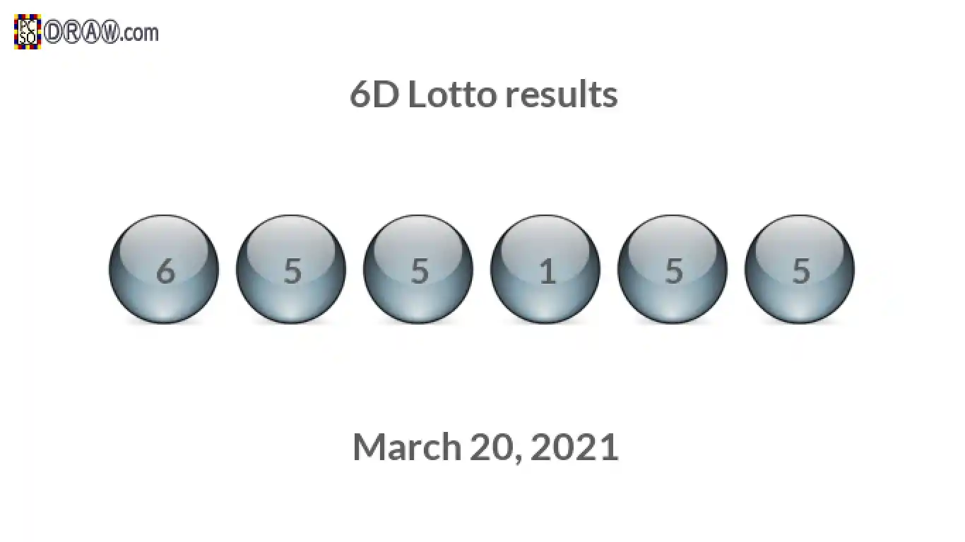 6D lottery balls representing results on March 20, 2021