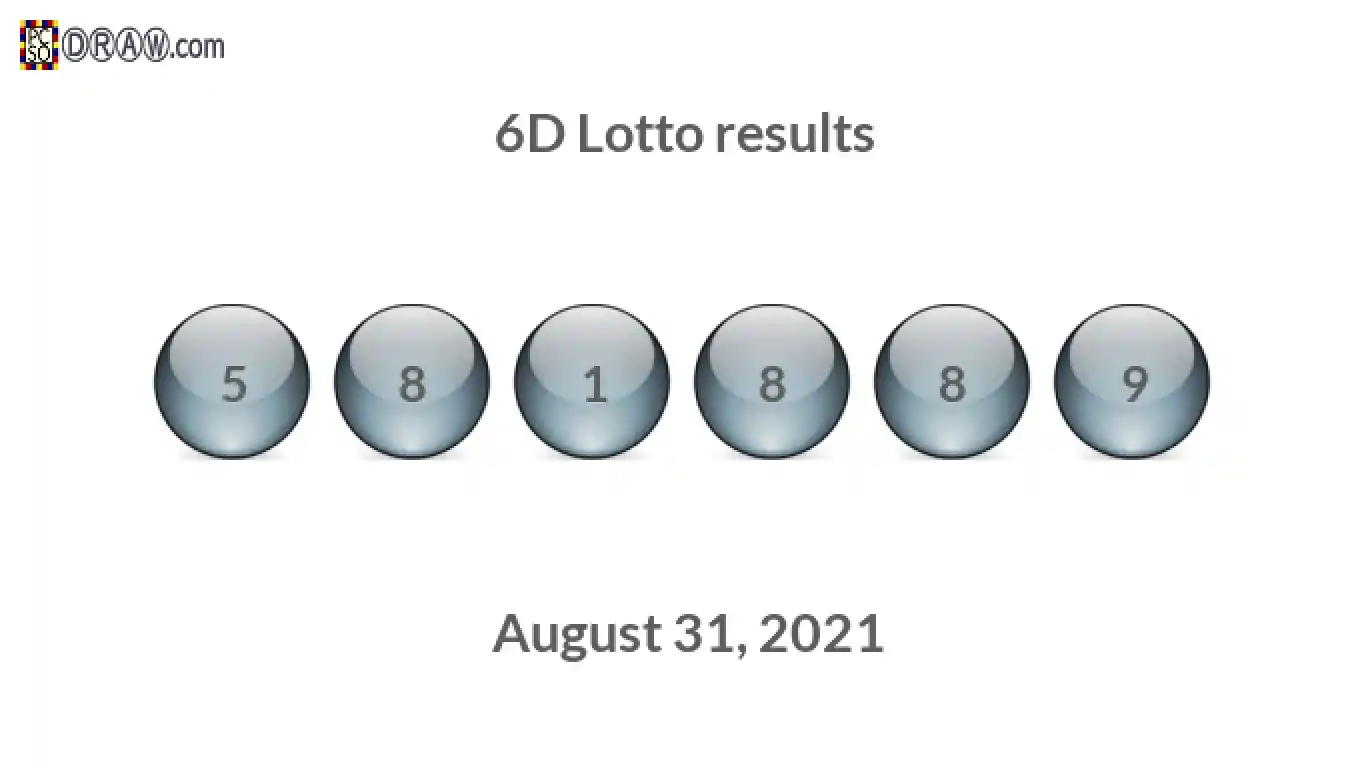 6D lottery balls representing results on August 31, 2021