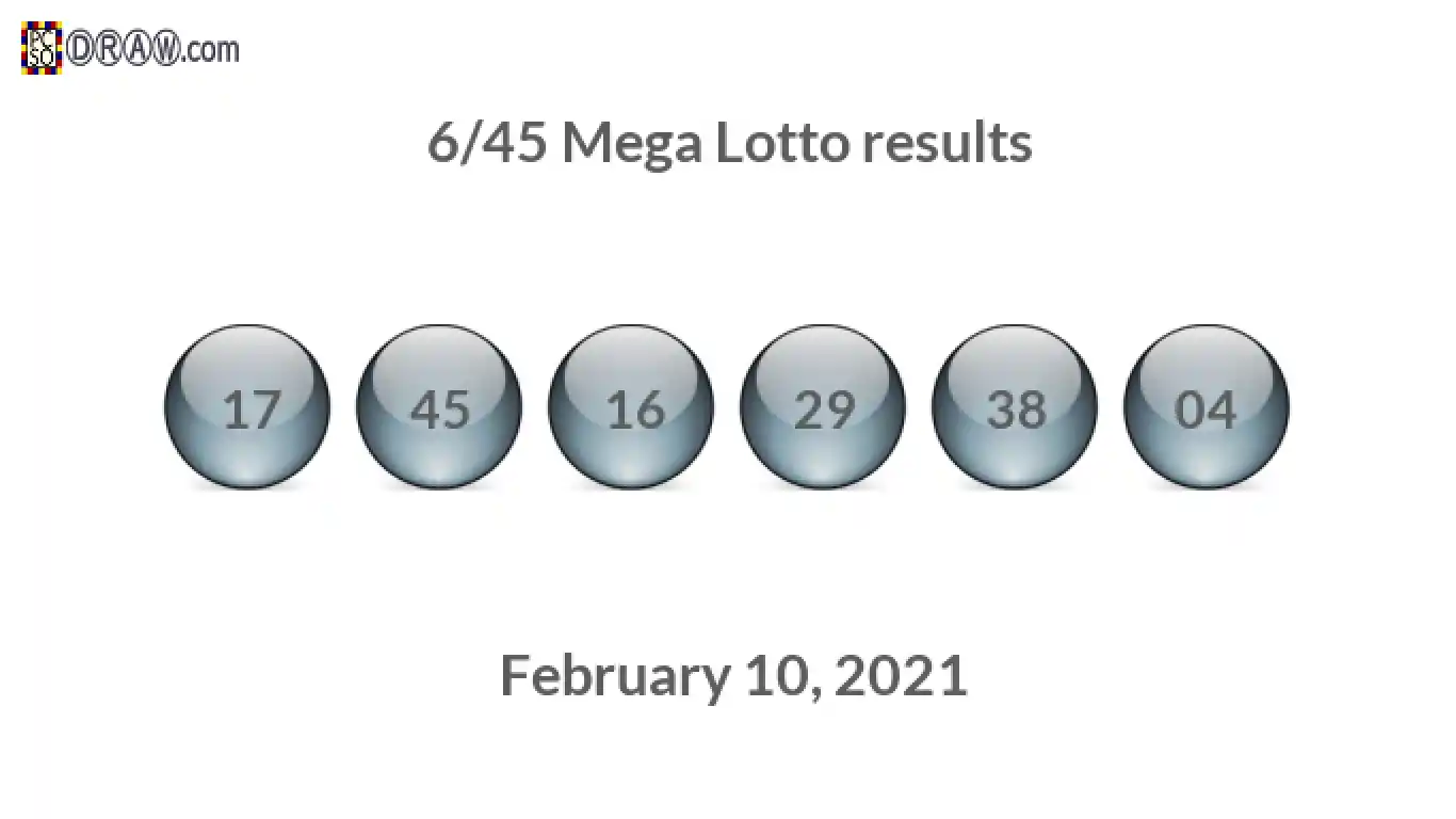 Mega Lotto 6/45 balls representing results on February 10, 2021