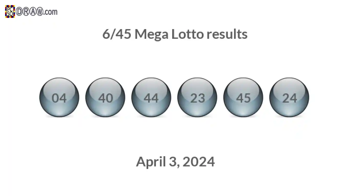 Mega Lotto 6/45 balls representing results on April 3, 2024
