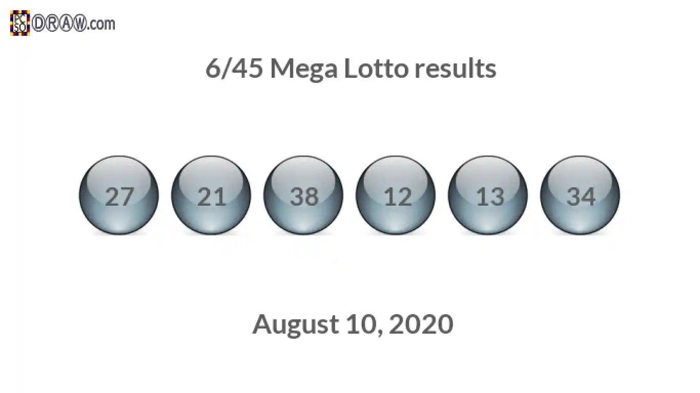 Mega Lotto 6/45 balls representing results on August 10, 2020