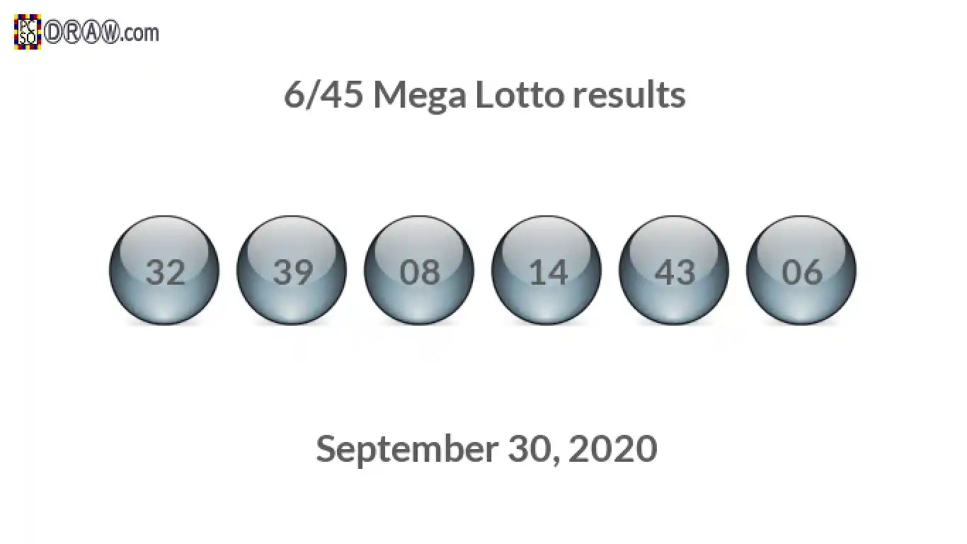 Mega Lotto 6/45 balls representing results on September 30, 2020