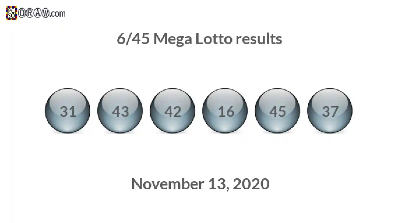 Mega Lotto 6/45 balls representing results on November 13, 2020