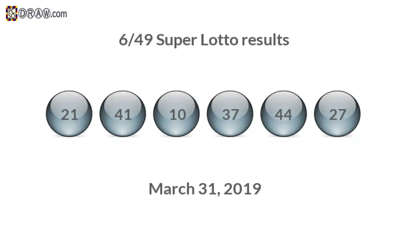 Super Lotto 6/49 balls representing results on March 31, 2019