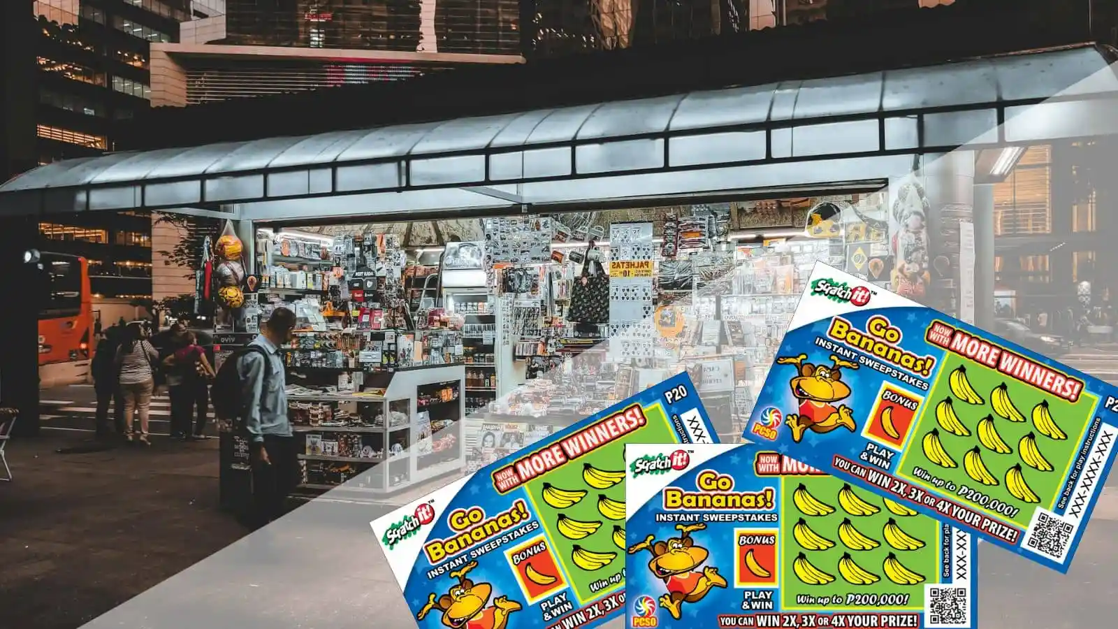 big tourist kiosk on bus station and pcso scratch it! go bananas scratch cards in foreground