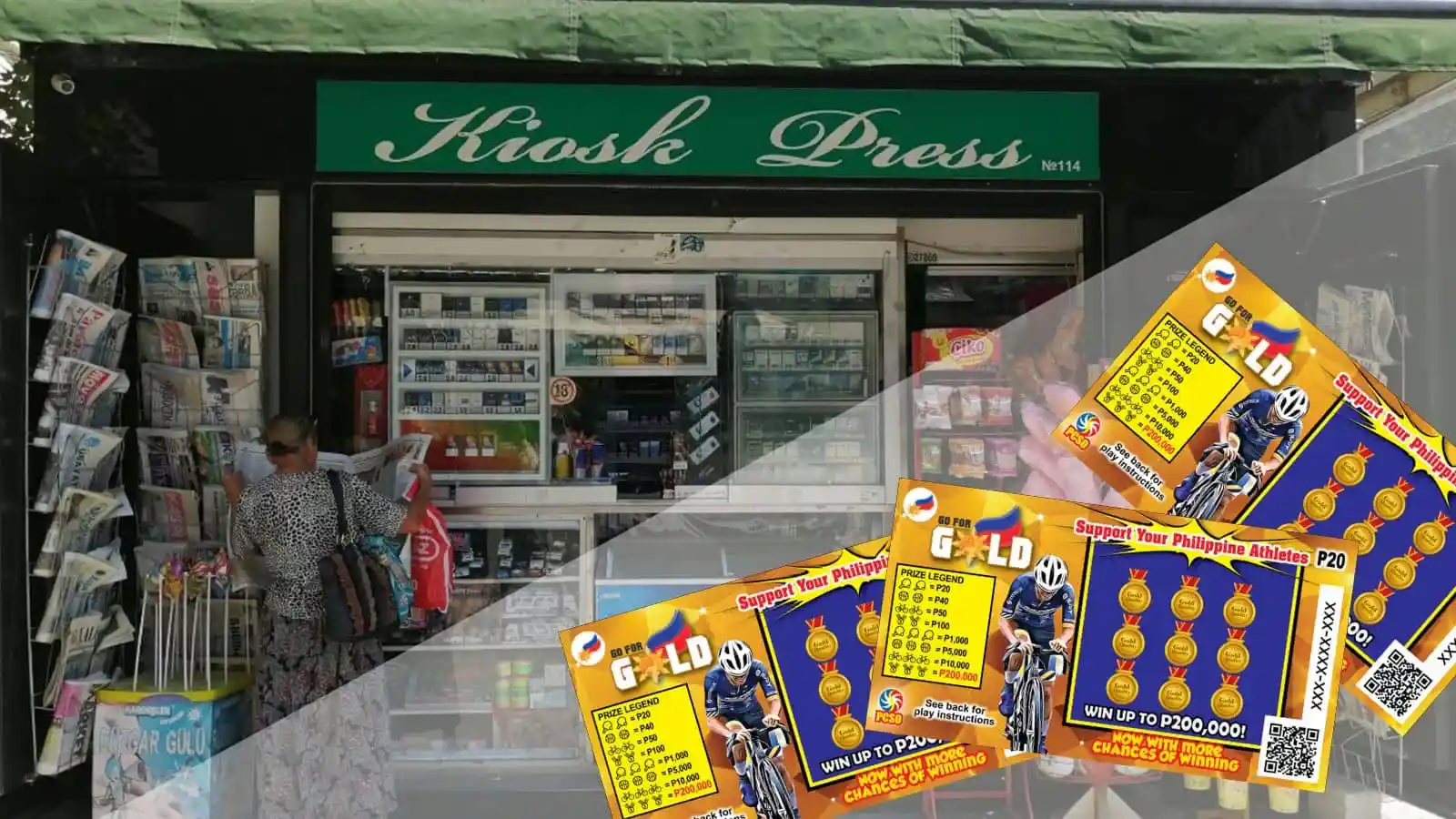 kiosk selling press and lotto, go for gold scratch cards in foreground