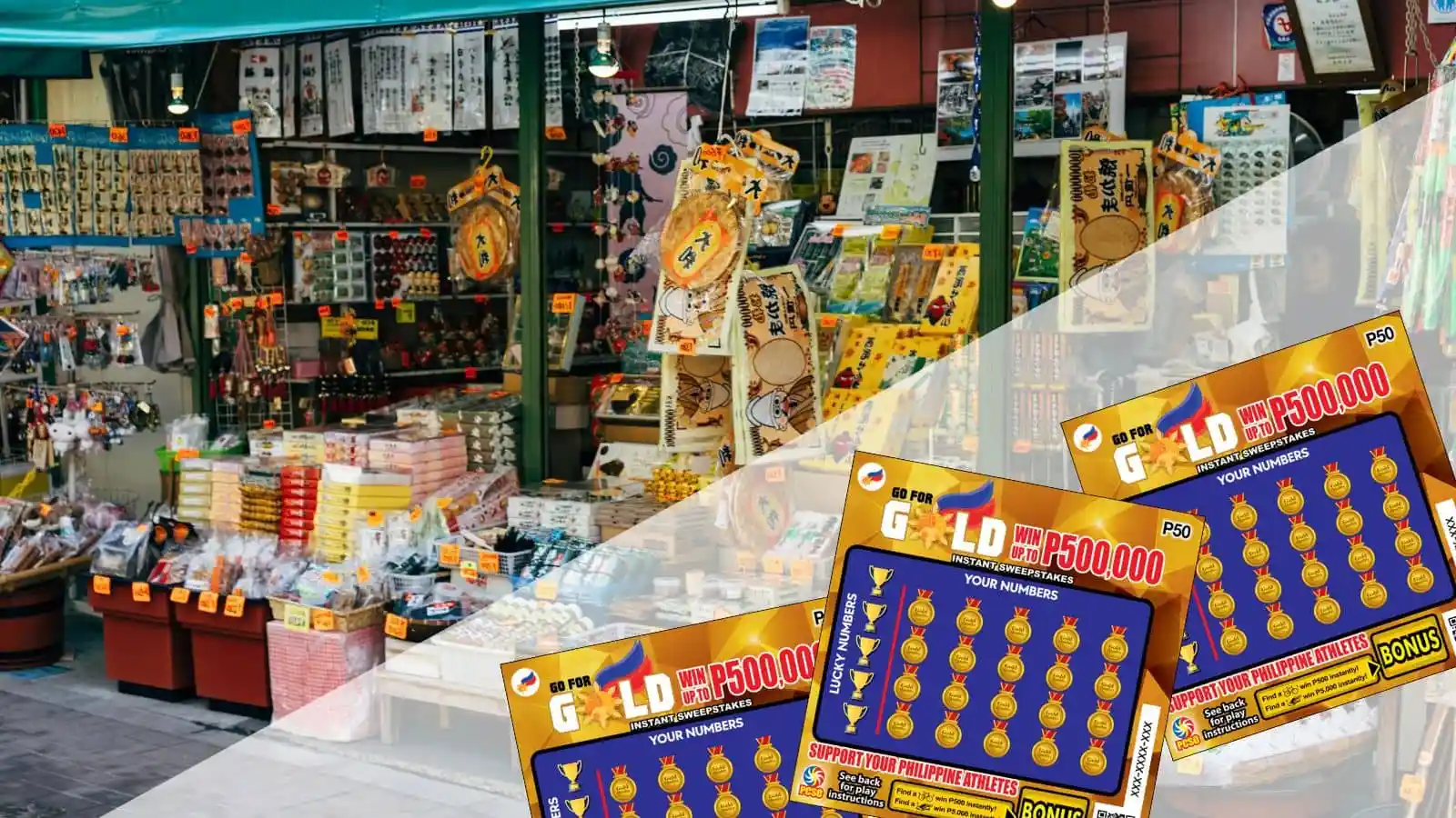 far east country kiosk in background and go for gold p50 scratch cards in foreground