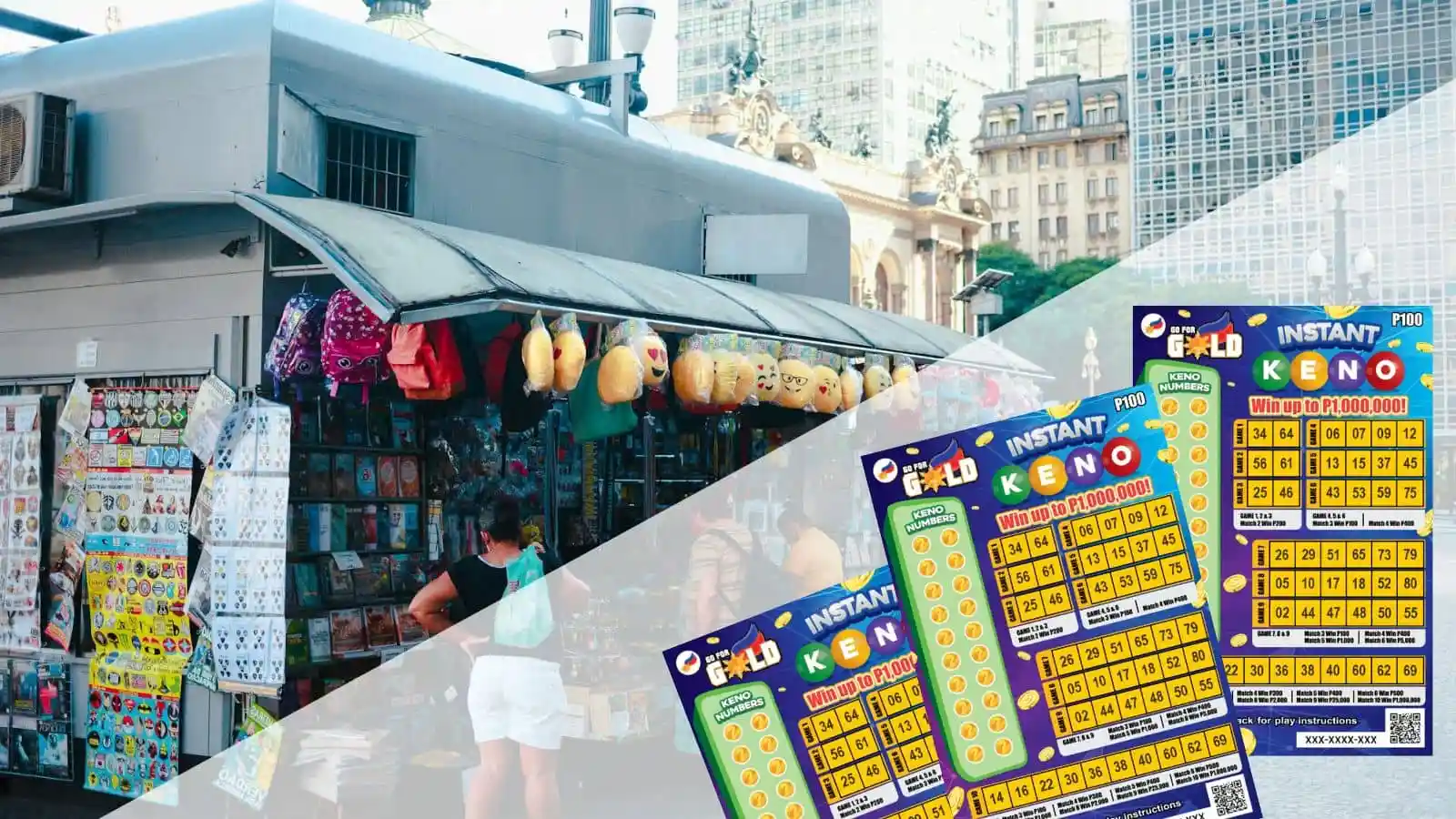 tourist kiosk and skyscrapers in the background, instant keno scratch cards in foreground